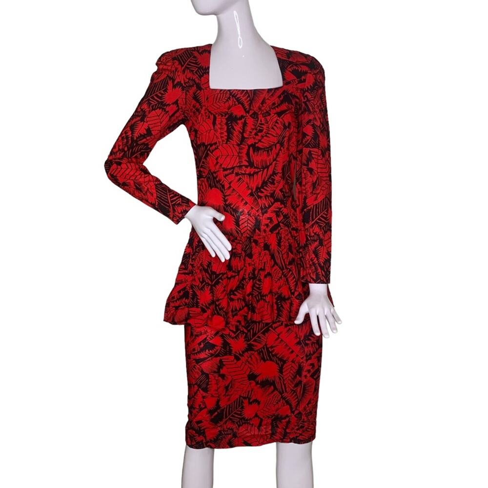 Vintage Jody California Peplum Dress Size 5/6 Black and Red Long Sleeve